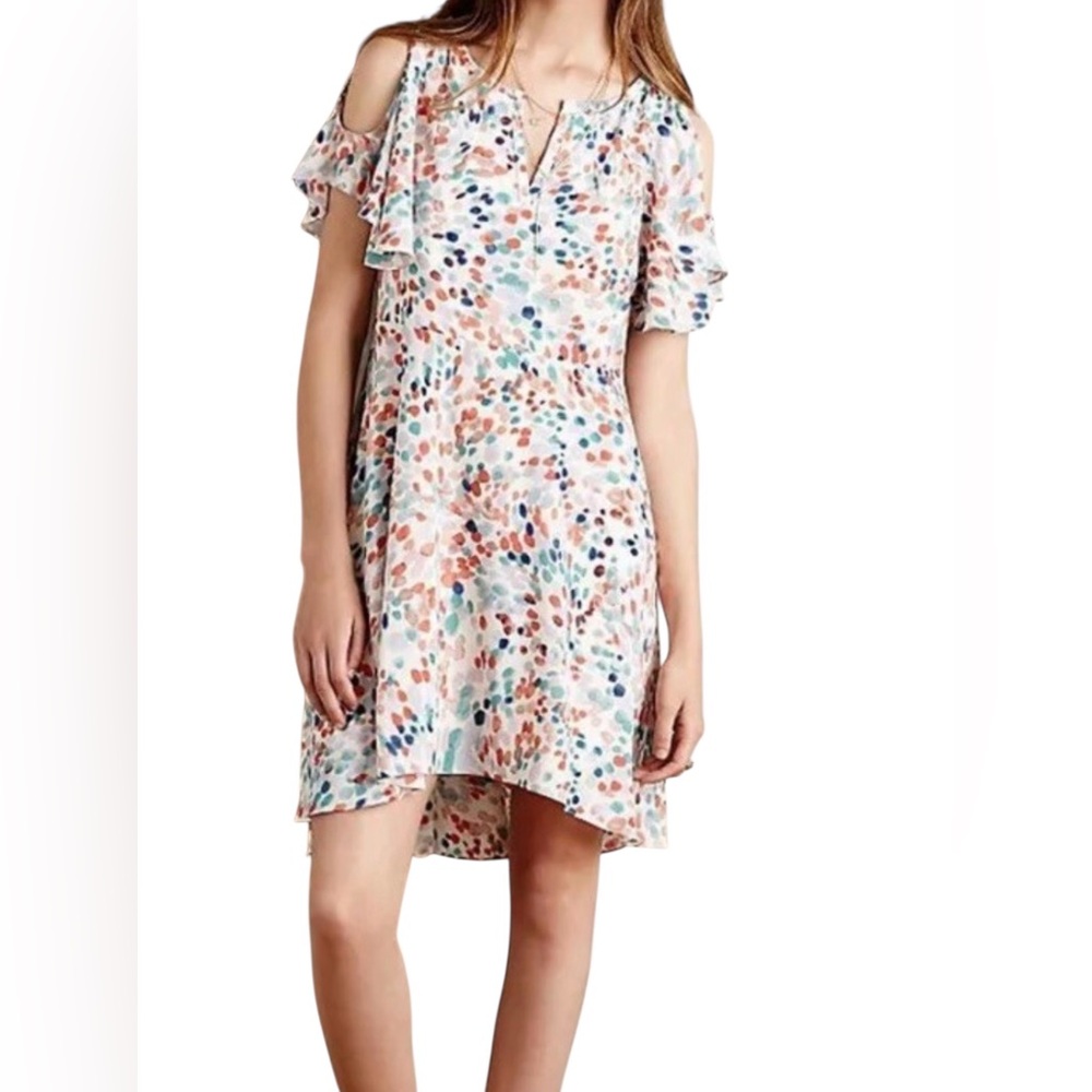 🌸 EUC MAEVE Anthropologie Watercolor Cold Shoulder Flutter Dress | Size XS